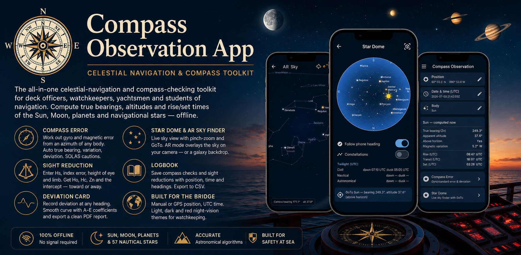 Compass Observation App — celestial navigation and compass toolkit, with star dome, AR sky finder and computed bearings